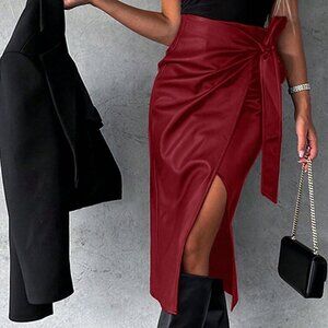 Red Elegant Women's High Waist Slit Lace-Up Punk Style Skirt